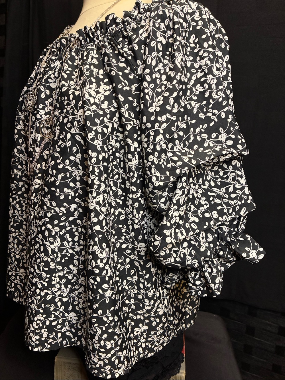 Black Floral Off-Shoulder Blouse with Ruffle Sleeves